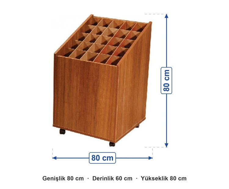 Tekerlekli Harita Dolabı ölçüleri: genişlik 80 cm, derinlik 60 cm, yükseklik 80 cm