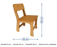 Ahşap Kontra Sandalye ölçüleri: genişlik 32 cm, derinlik 36 cm, yükseklik 58 cm, oturma 32 cm (yaklaşık)