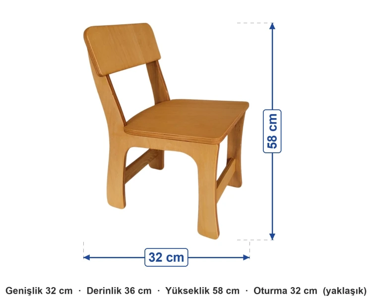 Ahşap Kontra Sandalye ölçüleri: genişlik 32 cm, derinlik 36 cm, yükseklik 58 cm, oturma 32 cm (yaklaşık)