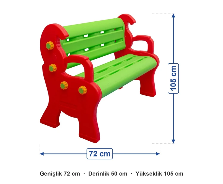 Küçük Bank Kırmızı-Yeşil ölçüleri: genişlik 72 cm, derinlik 50 cm, yükseklik 105 cm