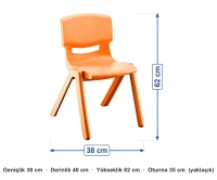 Plastik Anaokulu Sandalyesi 35 cm Turuncu ölçüleri: genişlik 38 cm, derinlik 40 cm, yükseklik 62 cm, oturma 35 cm (yaklaşık)