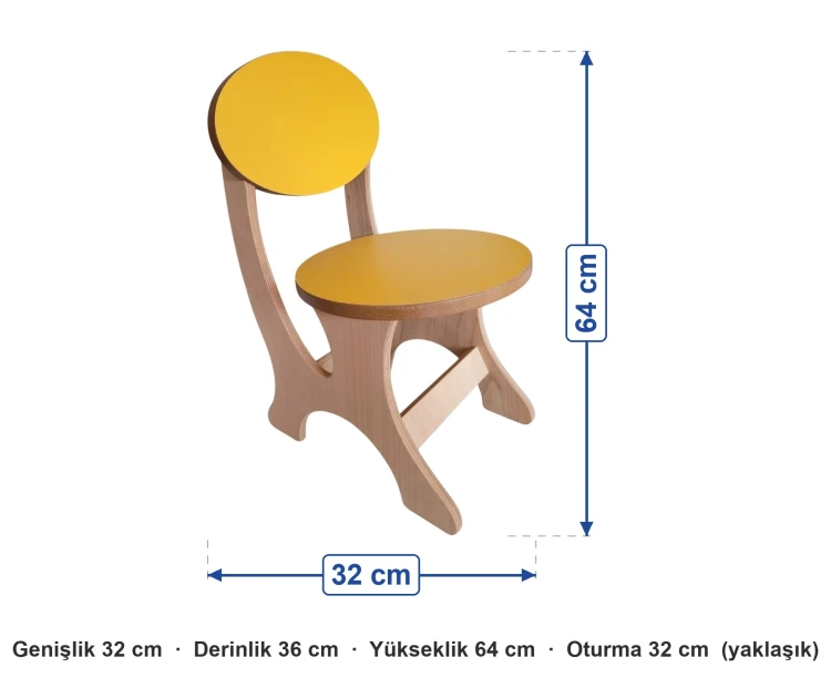 Sarı Ahşap Anaokulu Sandalyesi ölçüleri: genişlik 32 cm, derinlik 36 cm, yükseklik 64 cm, oturma 32 cm (yaklaşık)