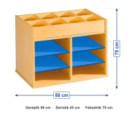 Raflı Fon Kartonu Dolabı 50x45x75 cm ölçüleri: genişlik 50 cm, derinlik 45 cm, yükseklik 75 cm