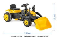 Kepçeli traktör ölçüleri: uzunluk 125 cm, genişlik 51 cm, yükseklik 51 cm