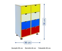 Sekiz Çekmeceli Dolap 90x40x90 cm ölçüleri: genişlik 90 cm, derinlik 40 cm, yükseklik 90 cm