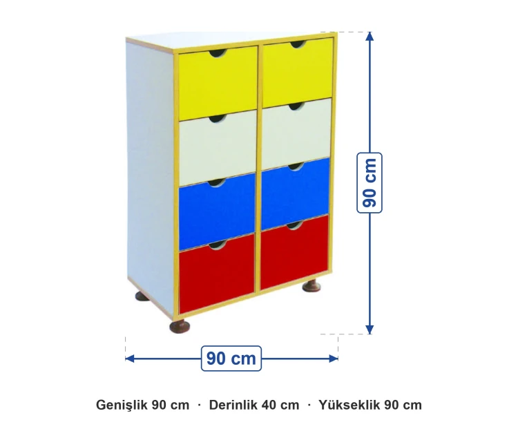 Sekiz Çekmeceli Dolap 90x40x90 cm ölçüleri: genişlik 90 cm, derinlik 40 cm, yükseklik 90 cm