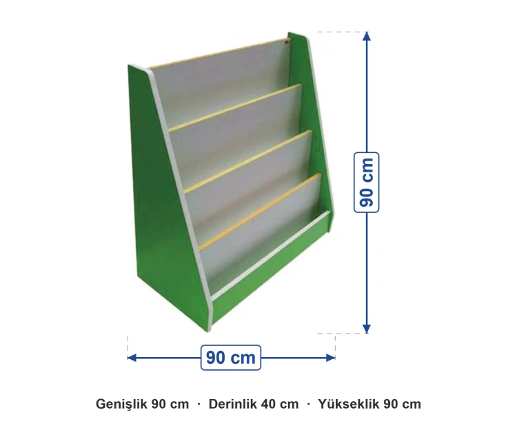 Yeşil Eğimli Raflı Kitaplık 90x40x90 cm ölçüleri: genişlik 90 cm, derinlik 40 cm, yükseklik 90 cm