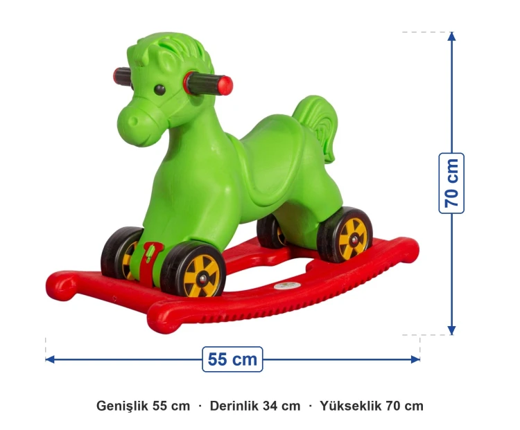 Anaokulu Sallanan Truva Atı Yeşil ölçüleri: genişlik 55 cm, derinlik 34 cm, yükseklik 70 cm