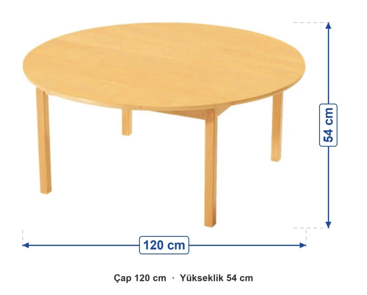 Naturel Ahşap Daire Masa 120 cm ölçüleri: çap 120 cm, yükseklik 54 cm
