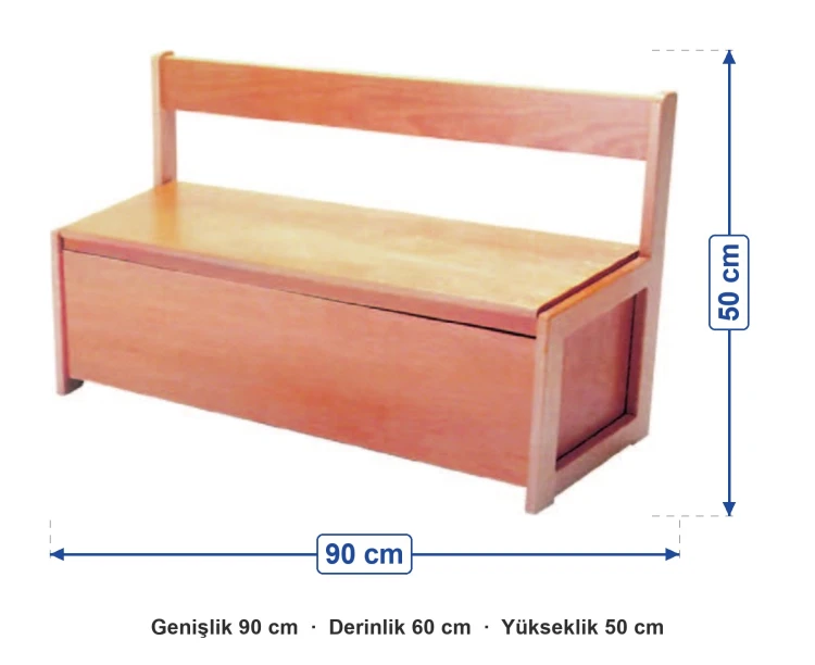 Sandıklı Sırtlıklı Bank 90x60x50 cm ölçüleri: genişlik 90 cm, derinlik 60 cm, yükseklik 50 cm