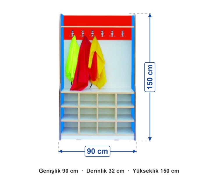 Askılı ve Gözlü Portmanto 90x32x150 cm ölçüleri: genişlik 90 cm, derinlik 32 cm, yükseklik 150 cm