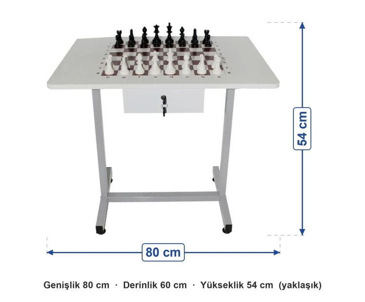 Metal Ayaklı Okul Satranç Masası 60x80 cm ölçüleri: genişlik 80 cm, derinlik 60 cm, yükseklik 54 cm (yaklaşık)