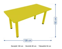 Ahşap 60x120 Sarı Masa Metal Ayaklı ölçüleri: genişlik 120 cm, derinlik 60 cm, yükseklik 52 cm