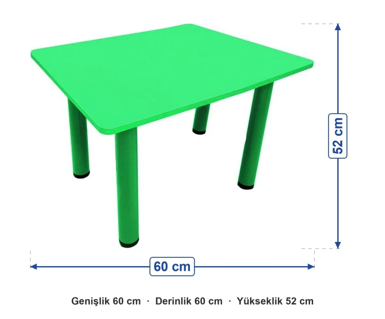 Ahşap 60x60 Yeşil Kare Masa Metal Ayaklı ölçüleri: genişlik 60 cm, derinlik 60 cm, yükseklik 52 cm