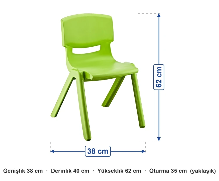 Plastik Anaokulu Sandalyesi 35 cm Yeşil ölçüleri: genişlik 38 cm, derinlik 40 cm, yükseklik 62 cm, oturma 35 cm (yaklaşık)