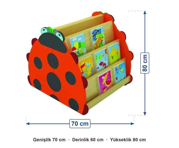 Uğur Böceği Figürlü Kitaplık 70x60x80 cm ölçüleri: genişlik 70 cm, derinlik 60 cm, yükseklik 80 cm
