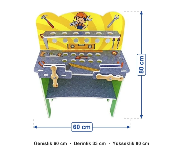 Ahşap Mini Tamir Köşesi ölçüleri: genişlik 60 cm, derinlik 33 cm, yükseklik 80 cm