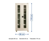 Tekerlekli Pleksi Kapılı Ecza Dolabı 80x40x175 cm ölçüleri: genişlik 80 cm, derinlik 40 cm, yükseklik 175 cm