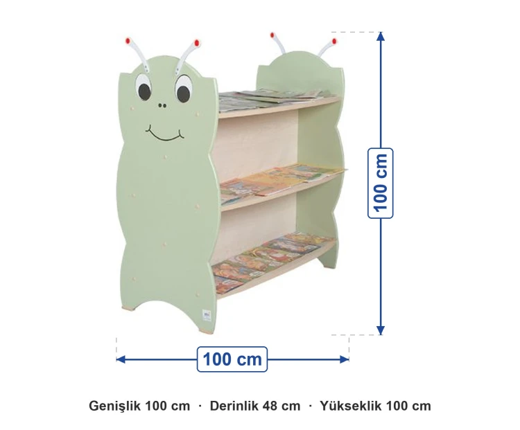 Tırtıl Kitaplık 100x48x100 cm ölçüleri: genişlik 100 cm, derinlik 48 cm, yükseklik 100 cm
