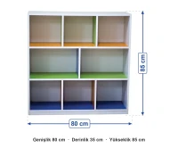 9 Bölmeli Açık Raflı Dolap 80x35x85 cm ölçüleri: genişlik 80 cm, derinlik 35 cm, yükseklik 85 cm