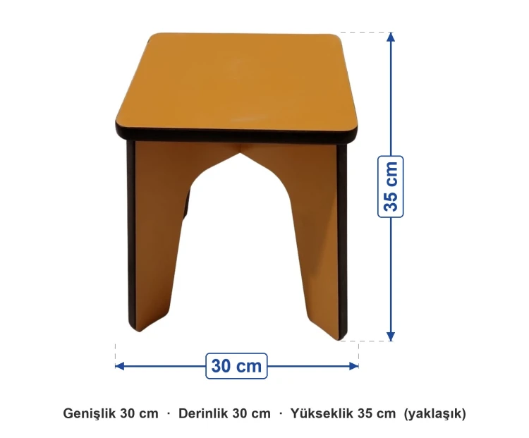 Anaokulu Ahşap Çocuk Taburesi ölçüleri: genişlik 30 cm, derinlik 30 cm, yükseklik 35 cm (yaklaşık)