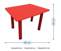 Ahşap 60x60 Kırmızı Kare Masa Metal Ayaklı ölçüleri: genişlik 60 cm, derinlik 60 cm, yükseklik 52 cm