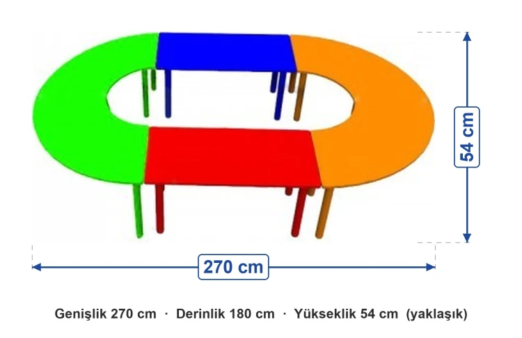 Amfi Masa ölçüleri: genişlik 270 cm, derinlik 180 cm, yükseklik 54 cm (yaklaşık)