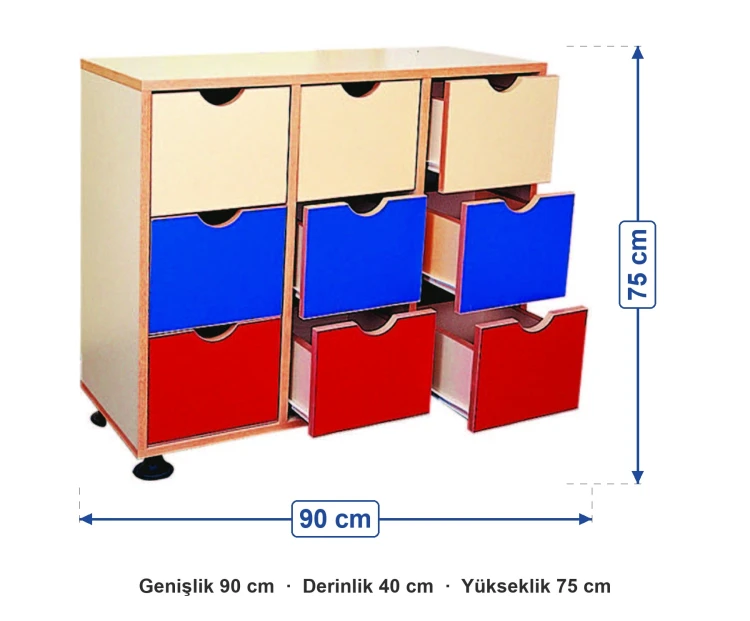 9 Çekmeceli Dolap 90x40x75 cm ölçüleri: genişlik 90 cm, derinlik 40 cm, yükseklik 75 cm