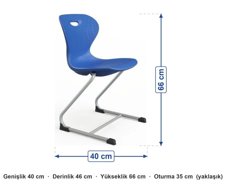 Özel Tasarım Monoblok Sandalye ölçüleri: genişlik 40 cm, derinlik 46 cm, yükseklik 66 cm, oturma 35 cm (yaklaşık)