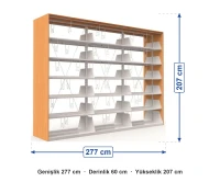Okul Kütüphanesi Rafı Üçlü Çift Taraflı 277x60x207 cm ölçüleri: genişlik 277 cm, derinlik 60 cm, yükseklik 207 cm