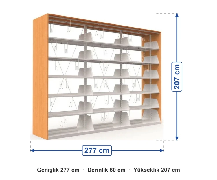 Okul Kütüphanesi Rafı Üçlü Çift Taraflı 277x60x207 cm ölçüleri: genişlik 277 cm, derinlik 60 cm, yükseklik 207 cm