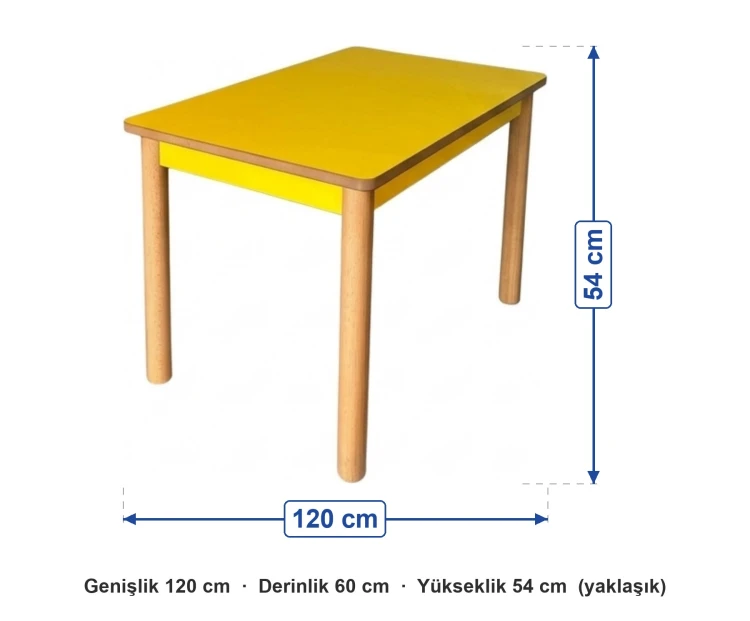 60x120 cm Anaokulu Sarı Bazalı Masa ölçüleri: genişlik 120 cm, derinlik 60 cm, yükseklik 54 cm (yaklaşık)