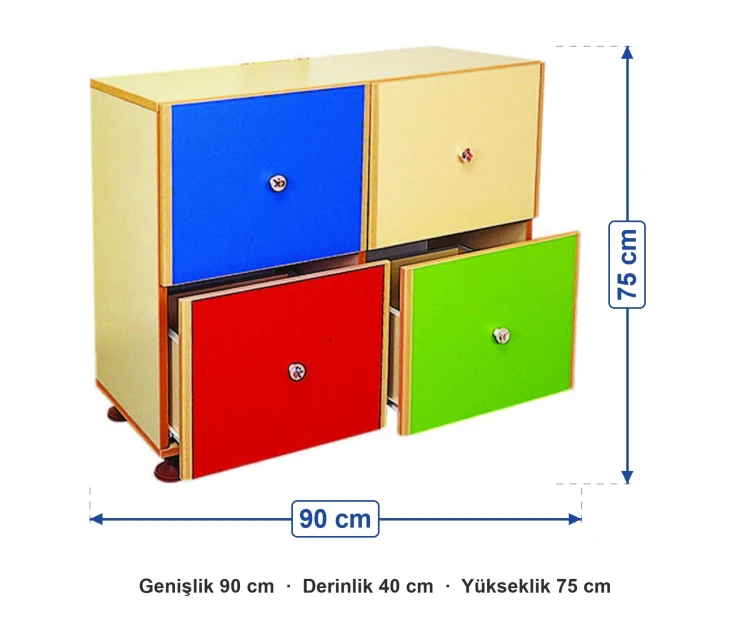 Dört Çekmeceli Dolap 90x40x75 cm ölçüleri: genişlik 90 cm, derinlik 40 cm, yükseklik 75 cm