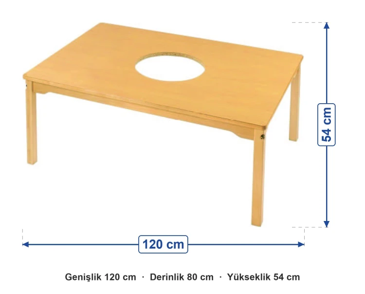 Naturel Ahşap Delikli Oyun Masası 120x80x54 cm ölçüleri: genişlik 120 cm, derinlik 80 cm, yükseklik 54 cm