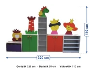 Kraliyet Figürlü Dolap Seti 320x35x110 cm ölçüleri: genişlik 320 cm, derinlik 35 cm, yükseklik 110 cm