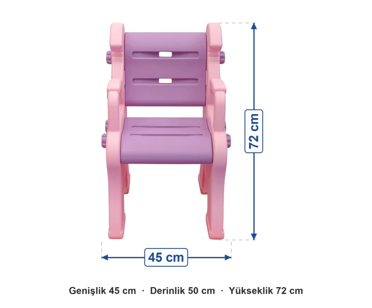 Kral Sandalye Pembe ölçüleri: genişlik 45 cm, derinlik 50 cm, yükseklik 72 cm