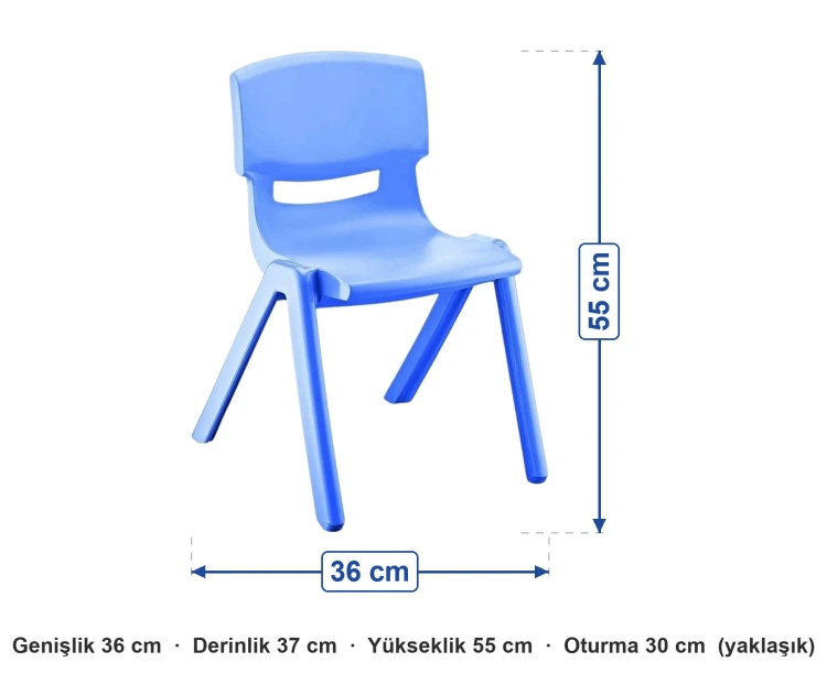 Plastik Anaokulu Sandalyesi Mavi (4-6 Yaş) ölçüleri: genişlik 36 cm, derinlik 37 cm, yükseklik 55 cm, oturma 30 cm (yaklaşık)