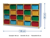 20 Kutulu Sınıf Dolabı 148x35x85 cm ölçüleri: genişlik 148 cm, derinlik 35 cm, yükseklik 85 cm
