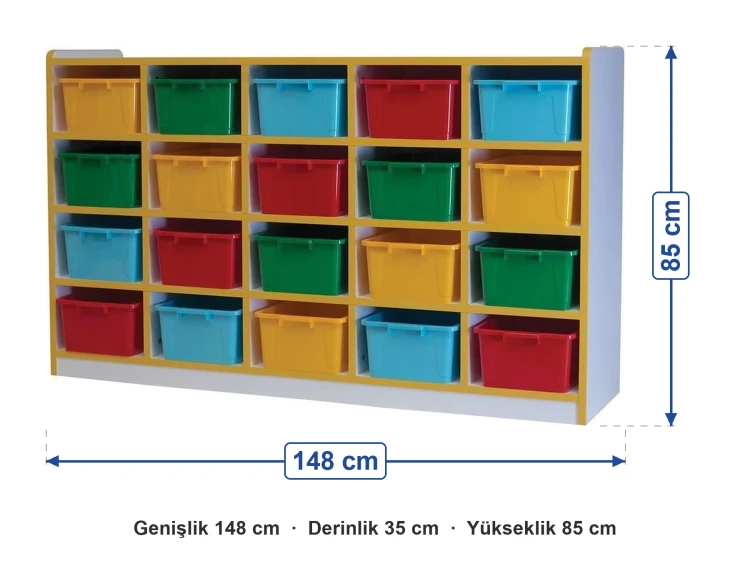 20 Kutulu Sınıf Dolabı 148x35x85 cm ölçüleri: genişlik 148 cm, derinlik 35 cm, yükseklik 85 cm