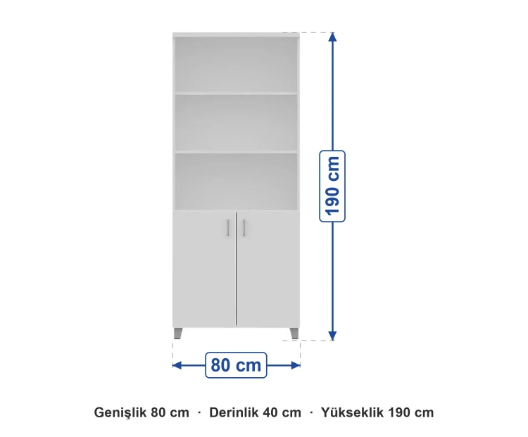 Açık Raflı Kapaklı Ofis Dolabı 80x40x190 cm ölçüleri: genişlik 80 cm, derinlik 40 cm, yükseklik 190 cm