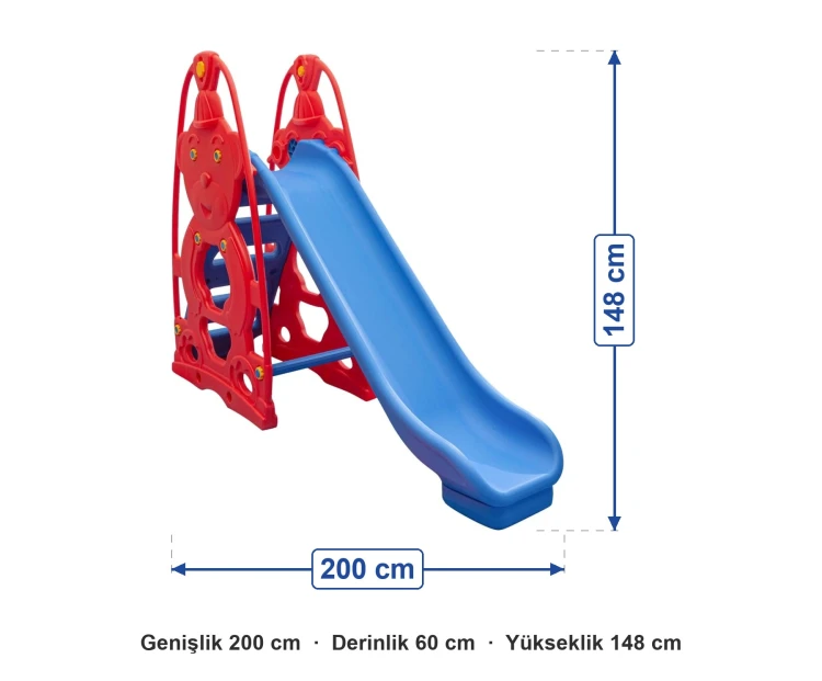 Sevimli Teddy Kaydırak ölçüleri: genişlik 200 cm, derinlik 60 cm, yükseklik 148 cm