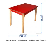 60x120 cm Anaokulu Kırmızı Bazalı Masa ölçüleri: genişlik 120 cm, derinlik 60 cm, yükseklik 54 cm (yaklaşık)