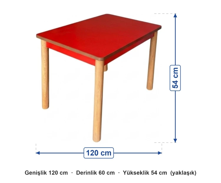 60x120 cm Anaokulu Kırmızı Bazalı Masa ölçüleri: genişlik 120 cm, derinlik 60 cm, yükseklik 54 cm (yaklaşık)