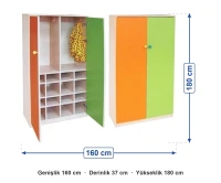 Turuncu Yeşil Kapaklı Vestiyer İki Modül 160x37x180 cm ölçüleri: genişlik 160 cm, derinlik 37 cm, yükseklik 180 cm