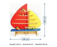 Kırmızı Sarı Yelken Kitaplık 140x40x105 cm ölçüleri: genişlik 140 cm, derinlik 40 cm, yükseklik 105 cm