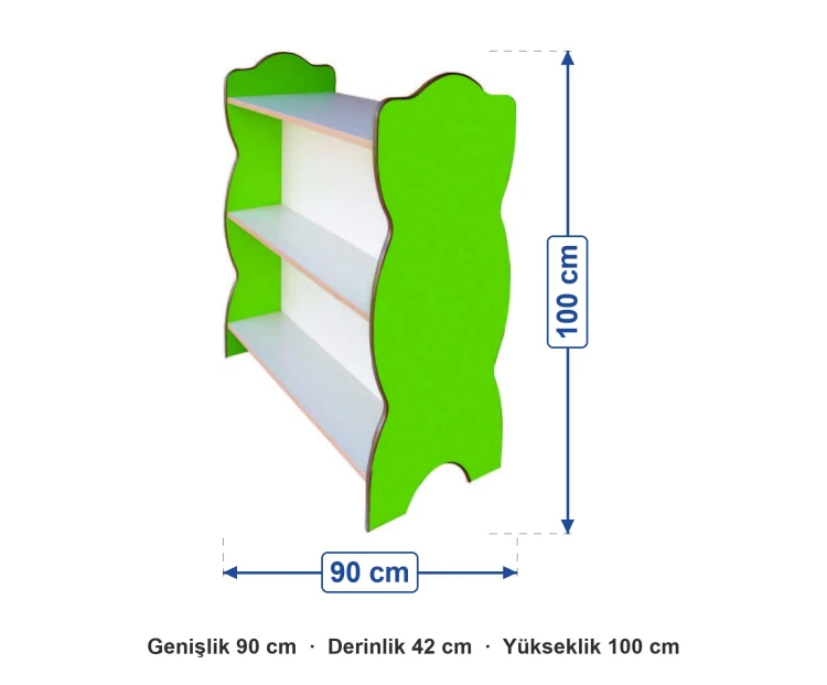 Dalgalı Yanlı Yeşil Kitaplık 90x42x100 cm ölçüleri: genişlik 90 cm, derinlik 42 cm, yükseklik 100 cm