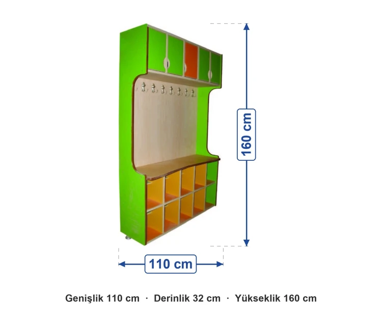 Banklı Kapaklı Yeşil Vestiyer 110x32x160 cm ölçüleri: genişlik 110 cm, derinlik 32 cm, yükseklik 160 cm