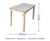 60x120 cm Anaokulu Beyaz Bazalı Masa ölçüleri: genişlik 120 cm, derinlik 60 cm, yükseklik 54 cm (yaklaşık)