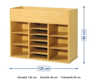Üstü Açık Bölmeli Kâğıt Dolabı 120x40x80 cm ölçüleri: genişlik 120 cm, derinlik 40 cm, yükseklik 80 cm