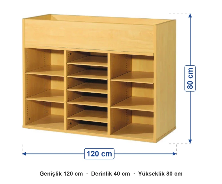 Üstü Açık Bölmeli Kâğıt Dolabı 120x40x80 cm ölçüleri: genişlik 120 cm, derinlik 40 cm, yükseklik 80 cm